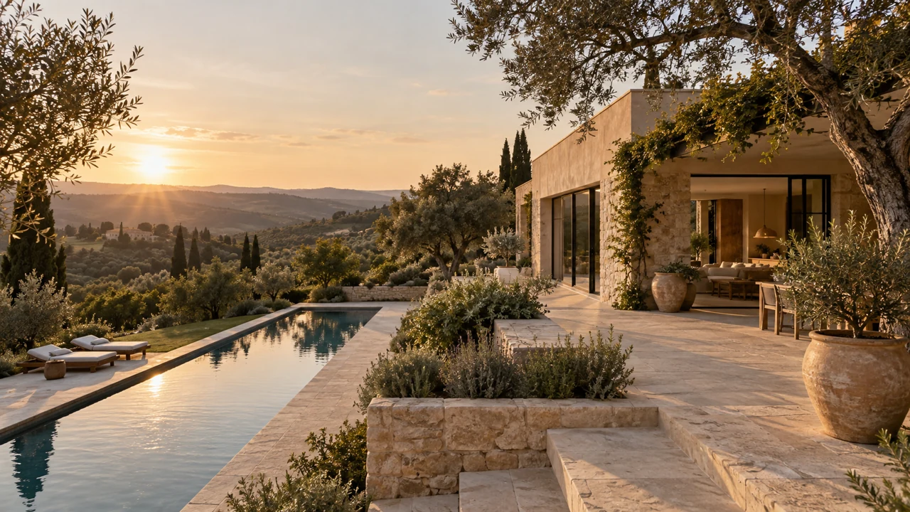 Casa Selva: architettura in pietra tra ulivi e piscina, immagine generata per il concept