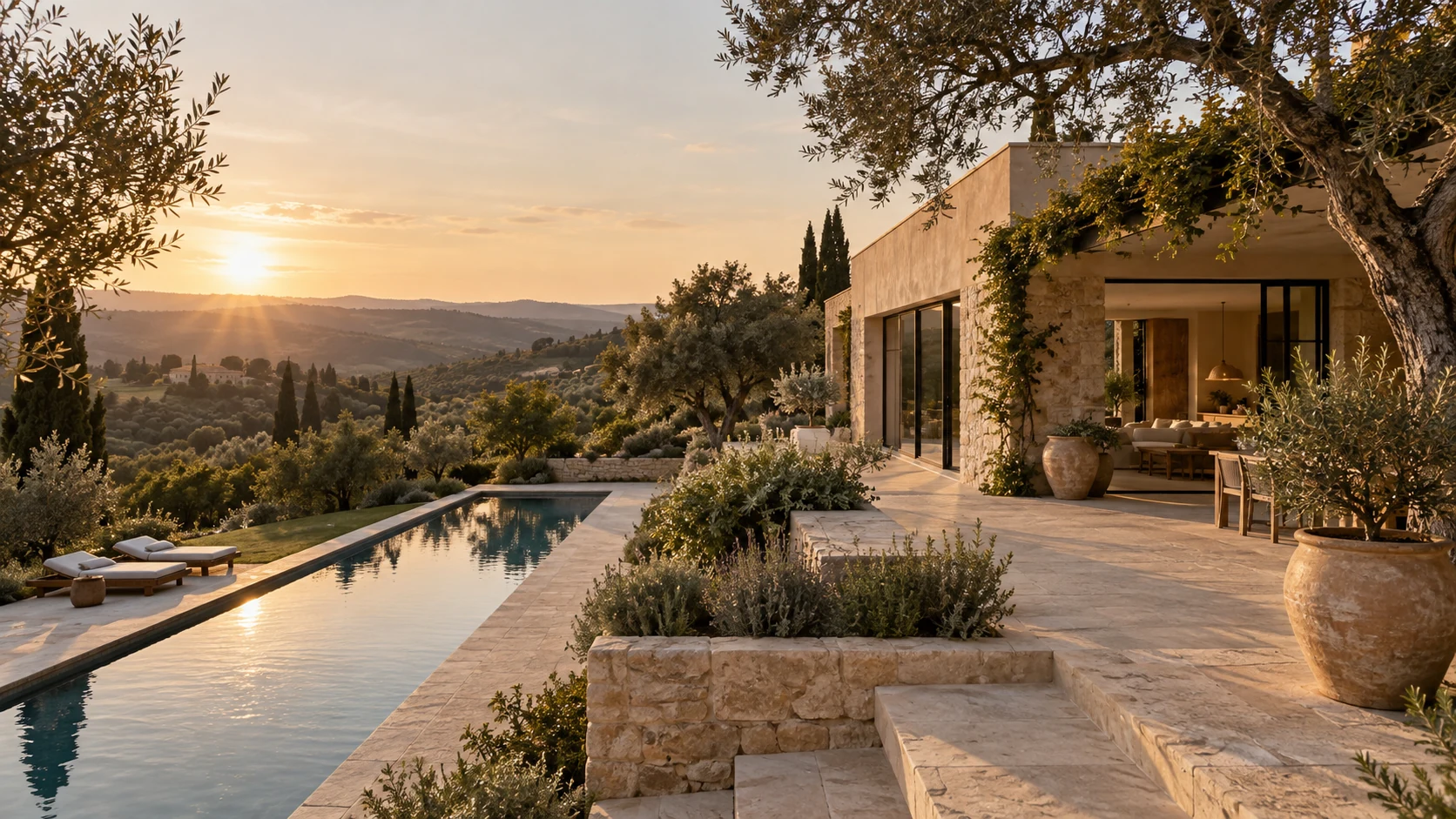 Struttura immaginaria Casa Selva tra ulivi e piscina, immagine generata