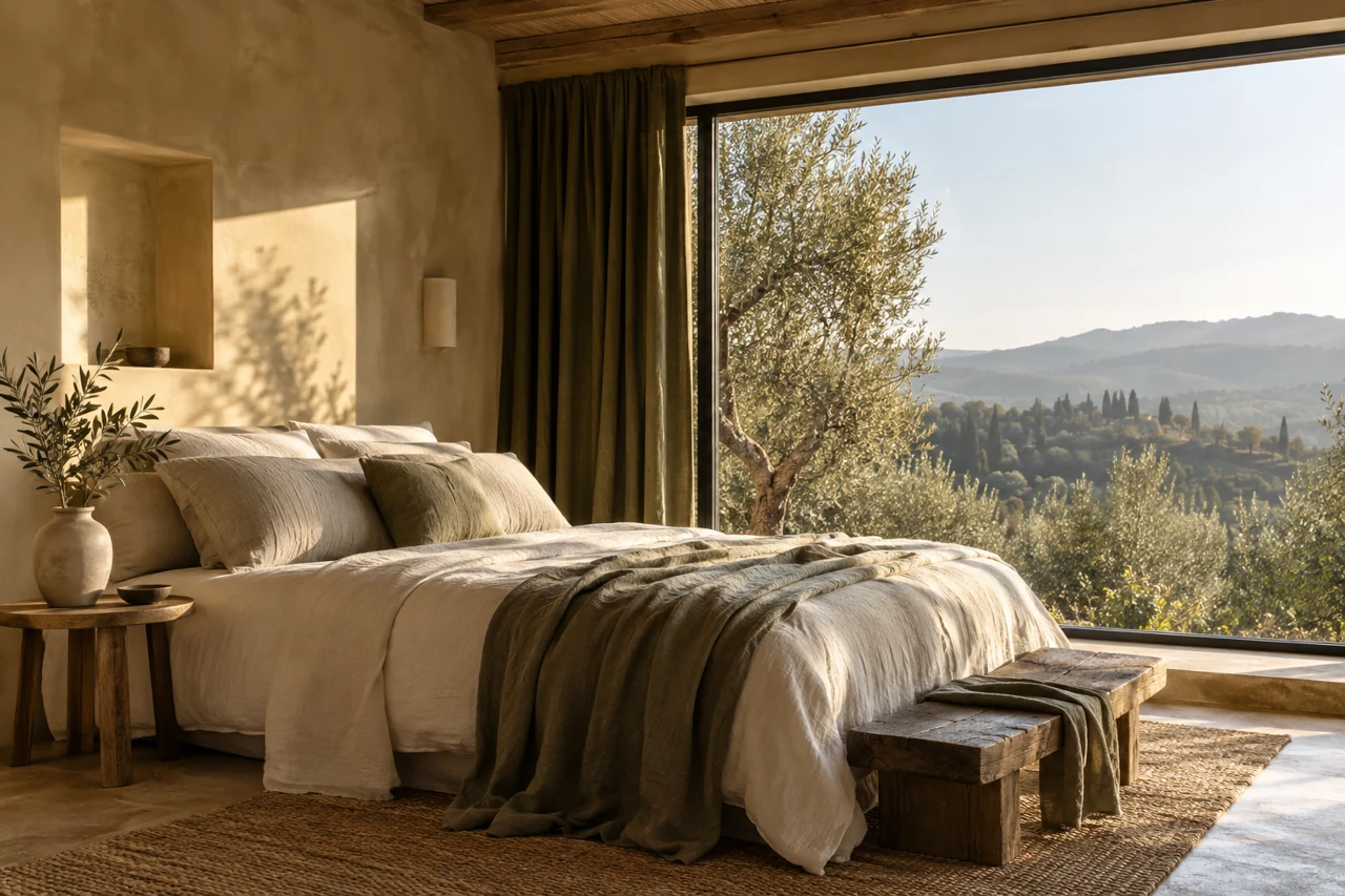 Suite immaginaria Casa Selva con tessuti naturali e vista sugli ulivi