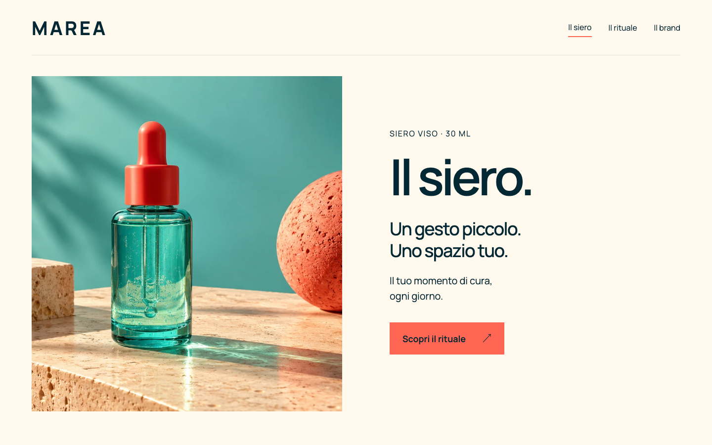 Pagina prodotto MAREA con flacone, siero viso da 30 ml e pulsante Scopri il rituale
