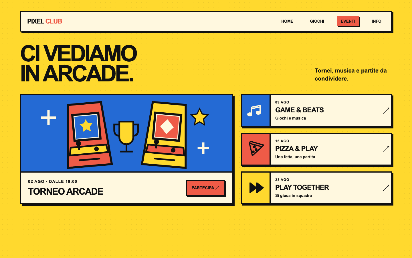 Pagina Eventi di Pixel Club con Torneo Arcade e tre appuntamenti