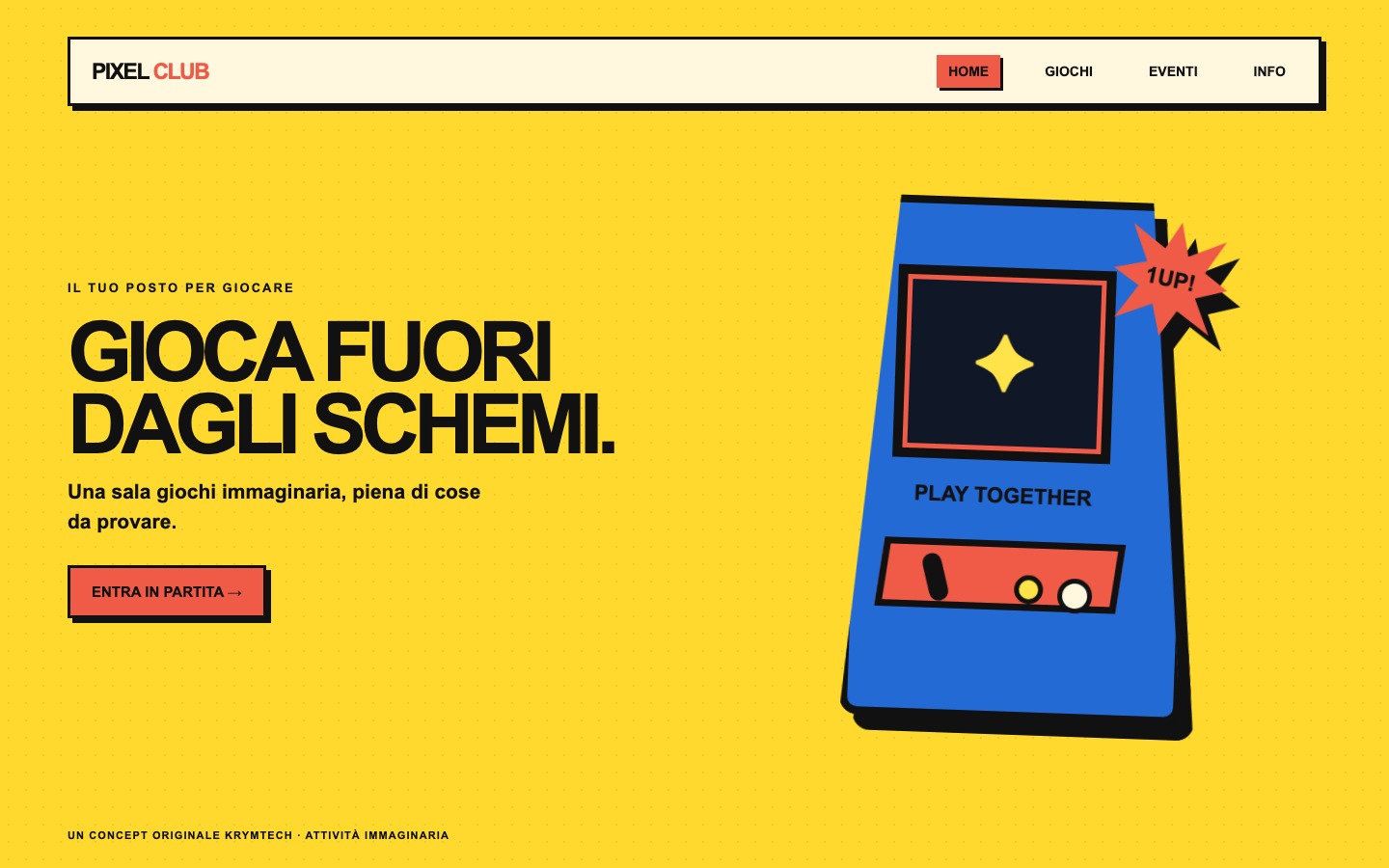 Homepage gialla di Pixel Club, concept per uno spazio arcade e videogiochi