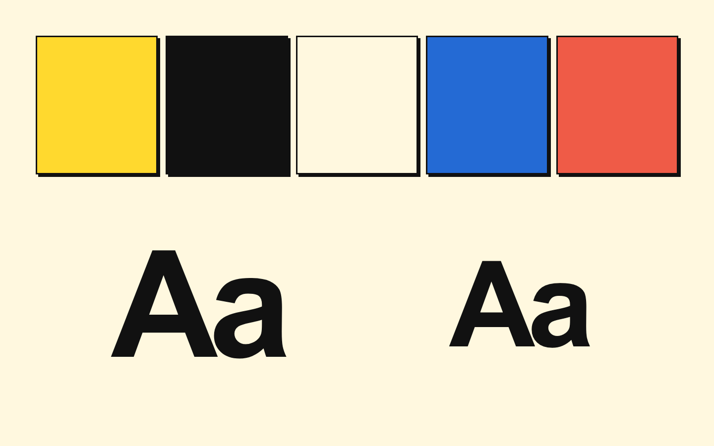 Cinque blocchi colore e due campioni Aa in Arial per Pixel Club