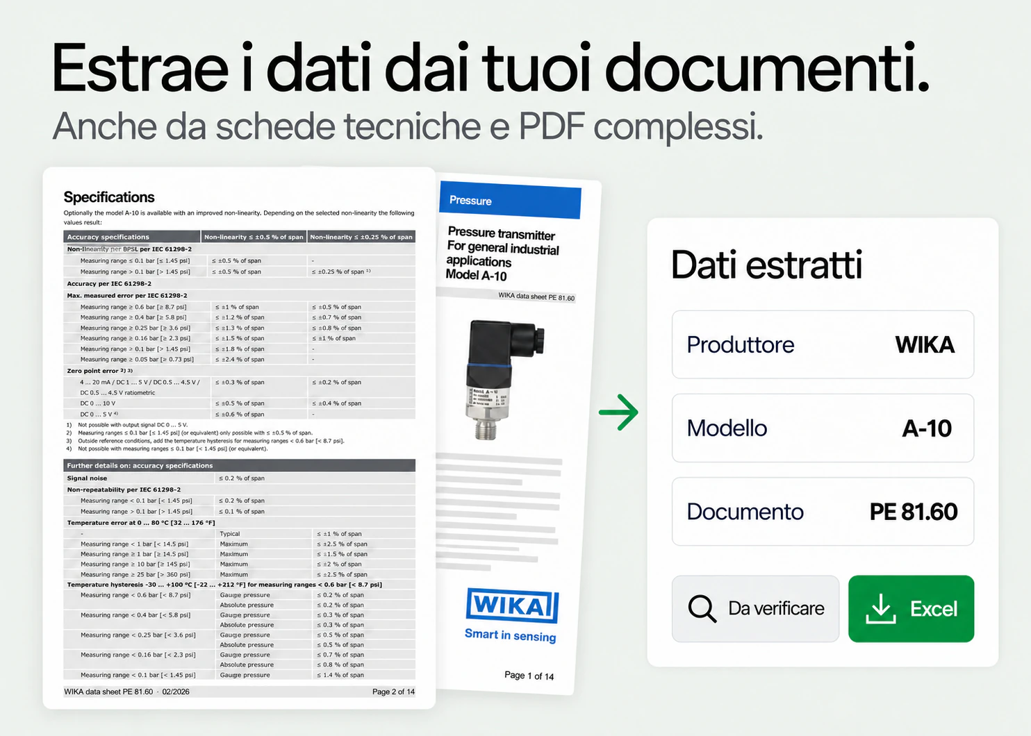 Illustrazione di una scheda tecnica complessa trasformata in campi strutturati da verificare ed esportare in Excel.